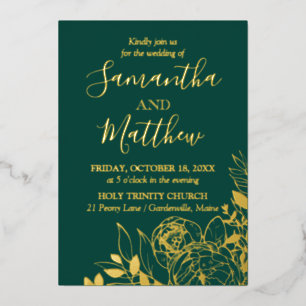 Emerald Green & Gold Peony Modern Floral Wedding Foil Invitation