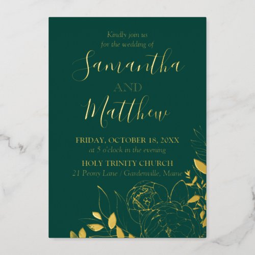 Emerald Green  Gold Peony Modern Floral Wedding Foil Invitation