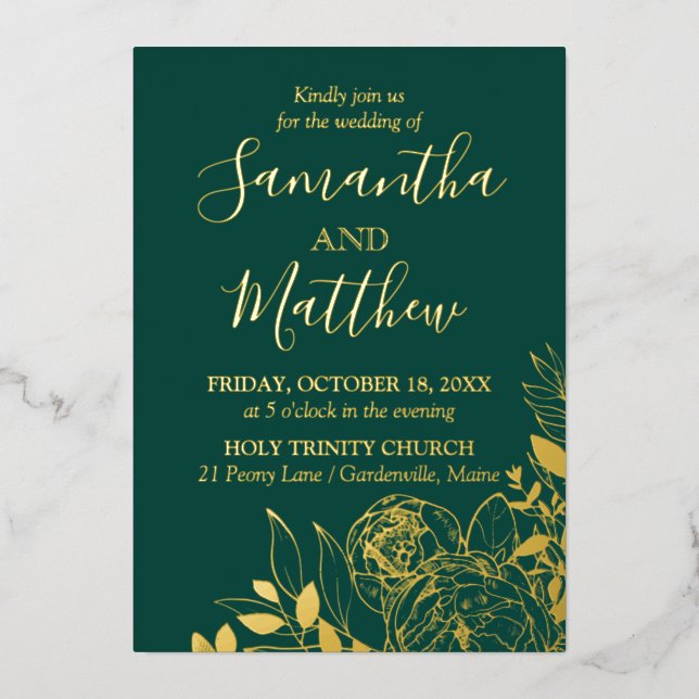 Emerald Green & Gold Peony Modern Floral Wedding Foil Invitation (Front)