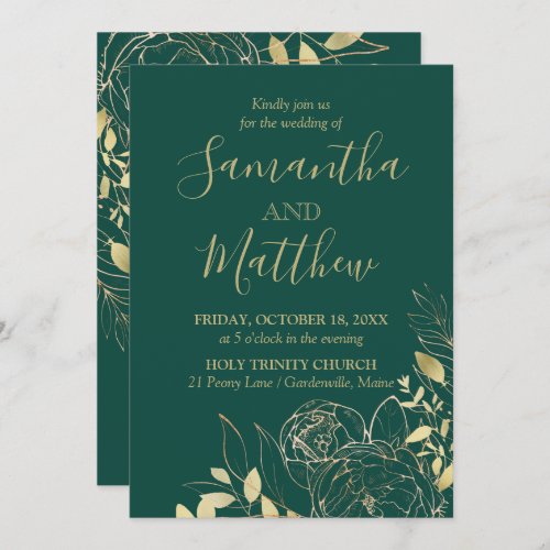 Emerald Green  Gold Peony Modern Floral Wedding Invitation