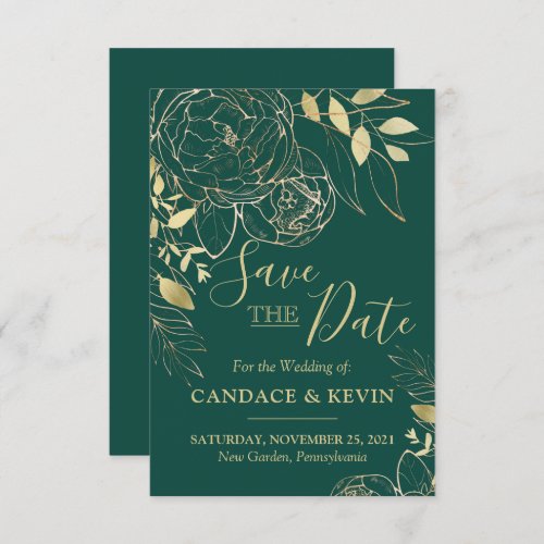 Emerald Green  Gold Peony Modern Floral Wedding Save The Date