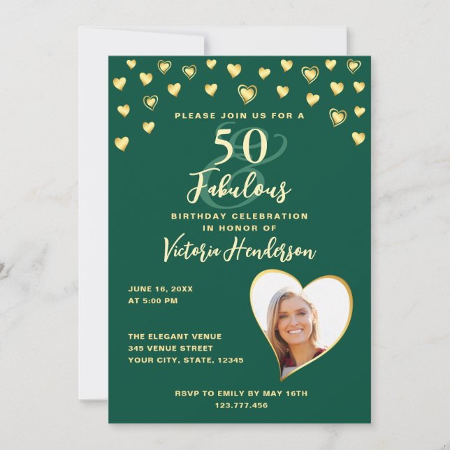 Emerald Green & Gold Photo 50th Birthday Invitation (Front)