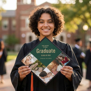 Emerald green Gold photo collage memory graduation Cap Topper
