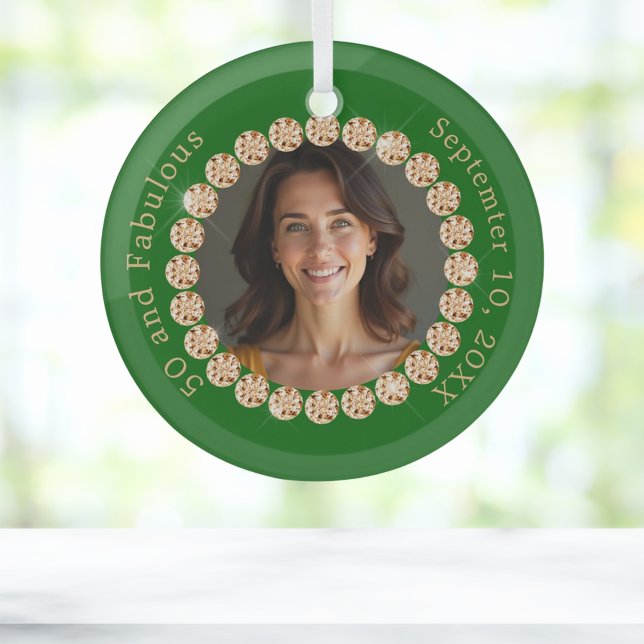 Emerald green gold photo diamond fabulous birthday glass ornament (Creator Uploaded)