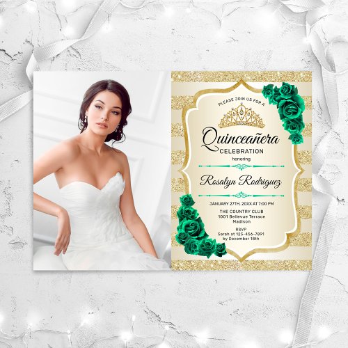 Emerald Green Gold Photo Elegant Quinceanera Invitation