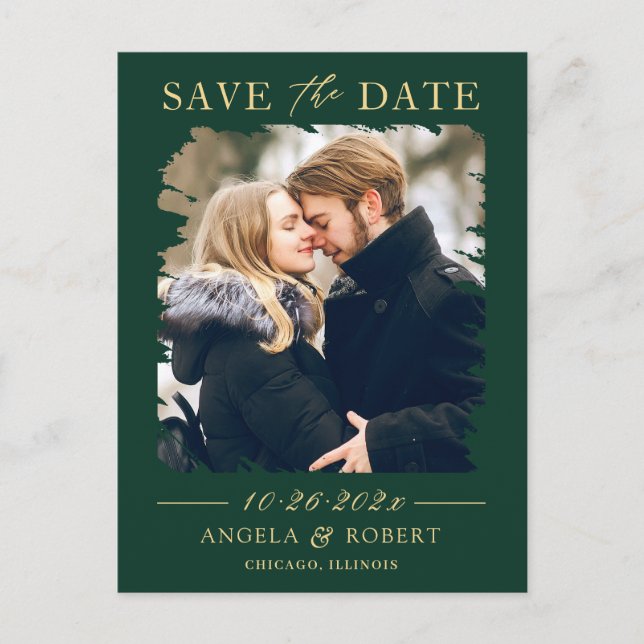 Emerald Green Gold Photo Frame Save the Date Postcard (Front)