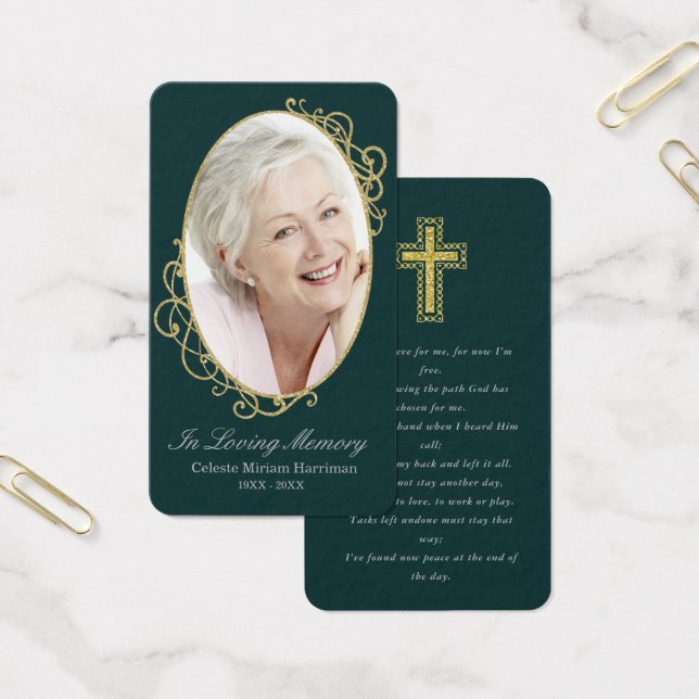 Emerald Green Gold Photo Funeral Prayer Card (Office)