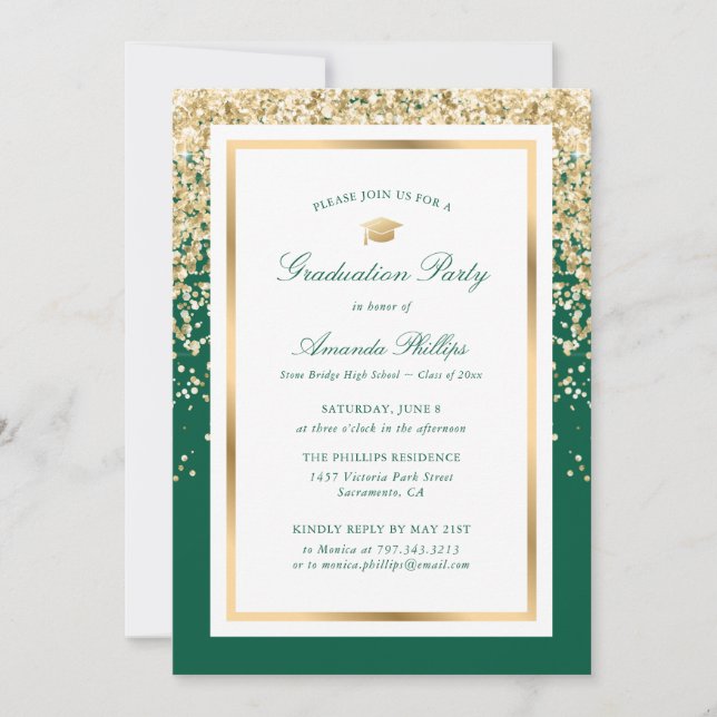 Emerald Green Gold Photo Graduation Party Invitation (Front)