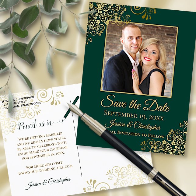 Emerald Green & Gold Photo Save the Date Wedding Announcement Postcard (Front and Back)