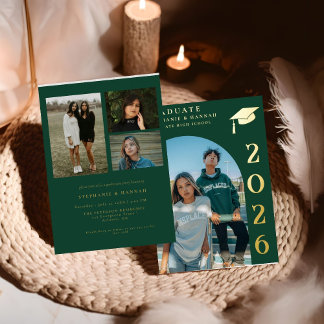 Emerald Green & Gold Photo Twin Graduation Foil Invitation