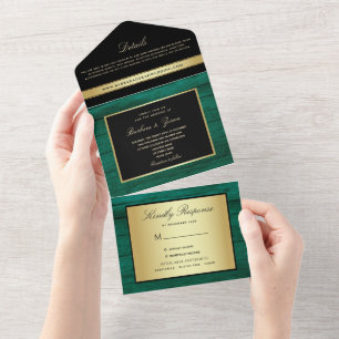 Emerald Green Gold Photo Wedding All In One Invitation