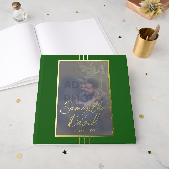 Emerald Green Gold Photo Wedding Foil Guest Book (Front Open)