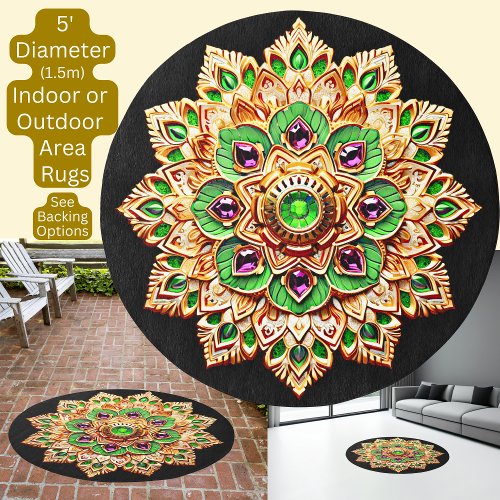 Emerald Green Gold Pink 3D Mandala Circular Round Rug