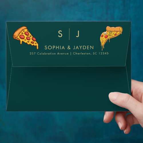 Emerald Green Gold PIZZA Modern Minimal Wedding Envelope