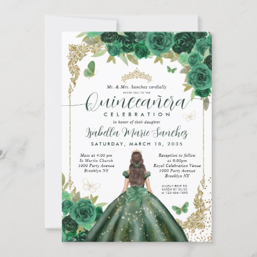 Emerald Green Gold Princess Floral Quinceaera Invitation