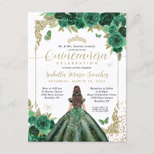 Emerald Green Gold Princess Floral Quinceaera Postcard