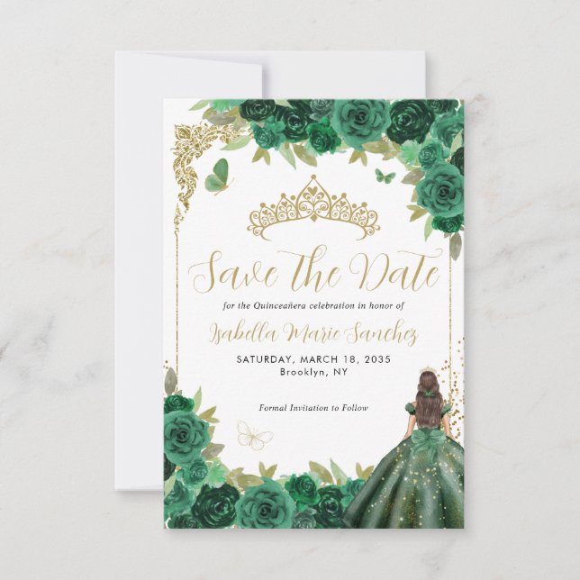 Emerald Green Gold Princess Quinceañera Birthday Save The Date (Front)