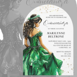 Emerald Green Gold Princess Quinceañera Invitation