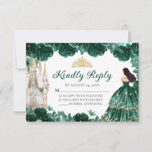 Emerald Green Gold Princess Quinceaera RSVP Card