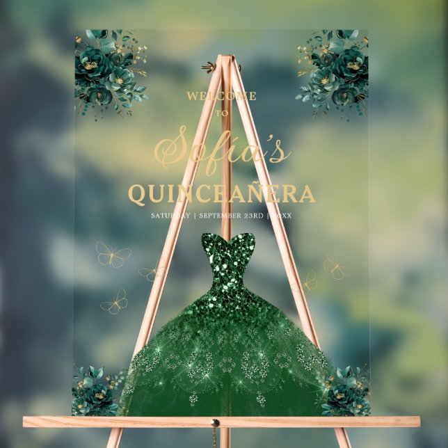 Emerald Green Gold Princess Quinceañera Welcome  Acrylic Sign (Neutral)