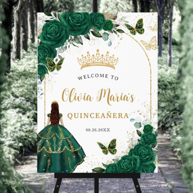 Emerald Green Gold Princess Quinceañera Welcome Foam Board (Creator Uploaded)