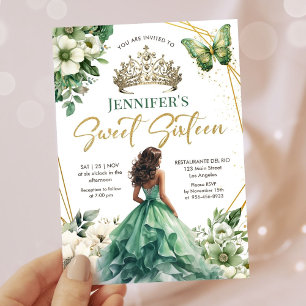 Emerald Green Gold Princess Tiara Floral Sweet 16 Invitation