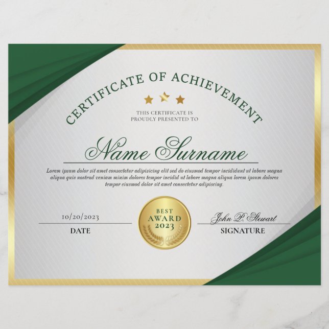 Emerald Green & Gold Professional Certificate (Front)