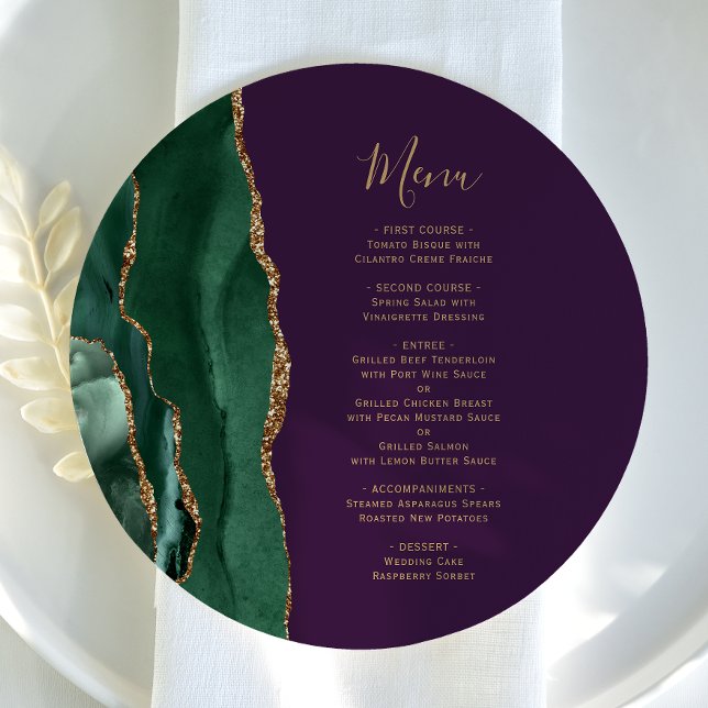 Emerald Green Gold Purple Round Plate Wedding Menu (Creator Uploaded)
