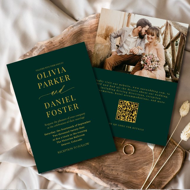 Emerald Green Gold QR Code Classic Photo Wedding Invitation (Creator Uploaded)