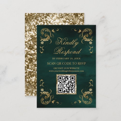 Emerald Green Gold QR Code RSVP Wedding Website Enclosure Card