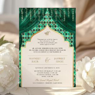Emerald Green Gold Quatrefoil QR Code Sikh Wedding Invitation