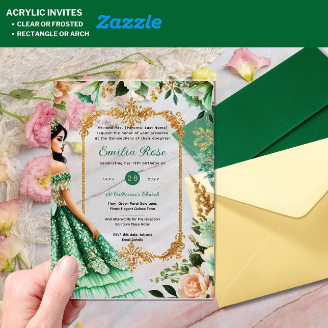 Emerald Green Gold Quinceanera Dress Flowers Acrylic Invitations (Creator Uploaded)