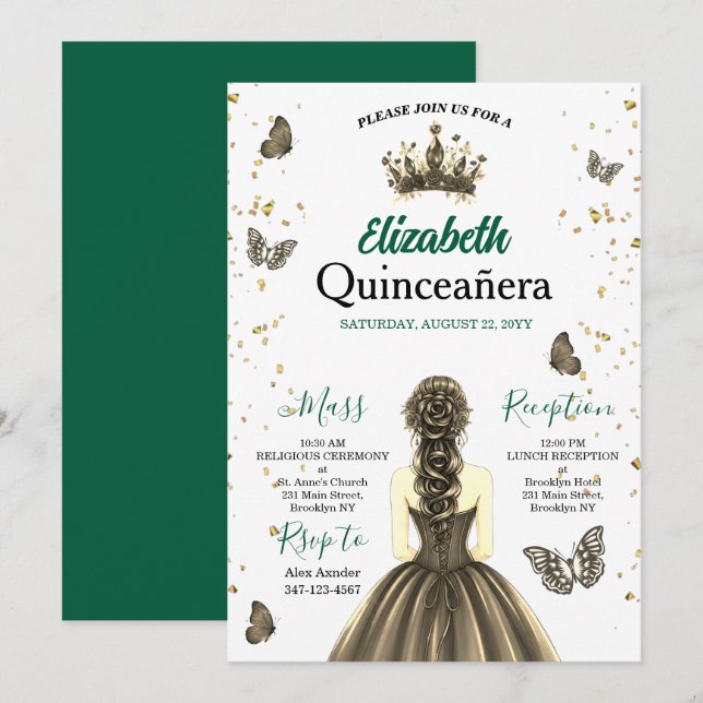 Emerald Green Gold Quinceañera Invitation (Front/Back)