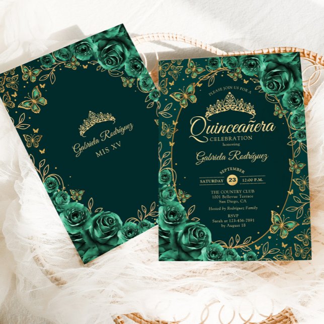 Emerald Green Gold Quinceanera Invitation (Creator Uploaded)