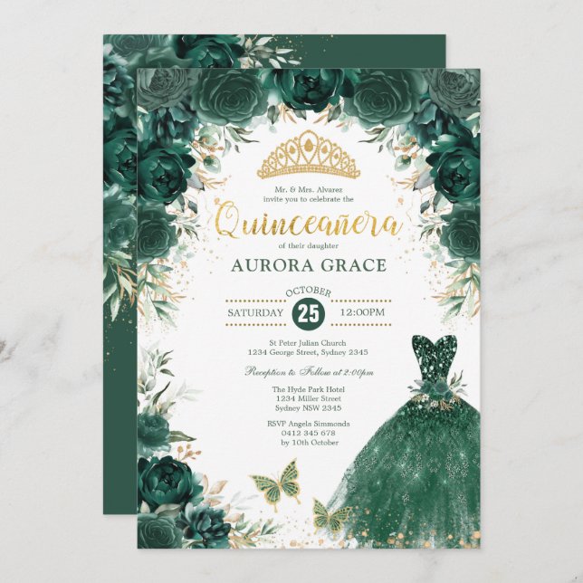 Emerald Green Gold Quinceañera Mis Quince 15 Anos Invitation (Front/Back)