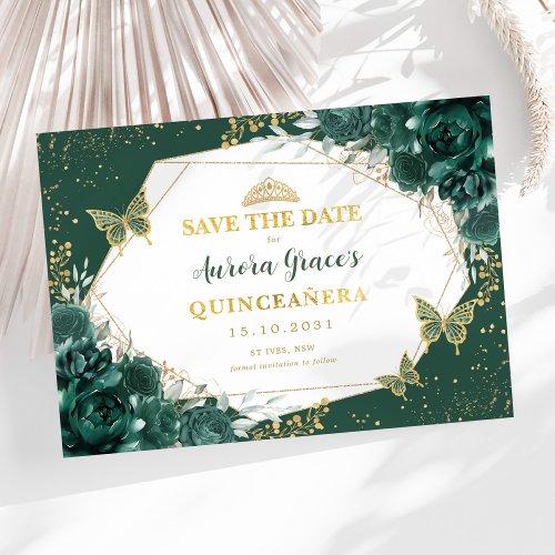 Emerald Green Gold Quinceanera Save the Date Announcement