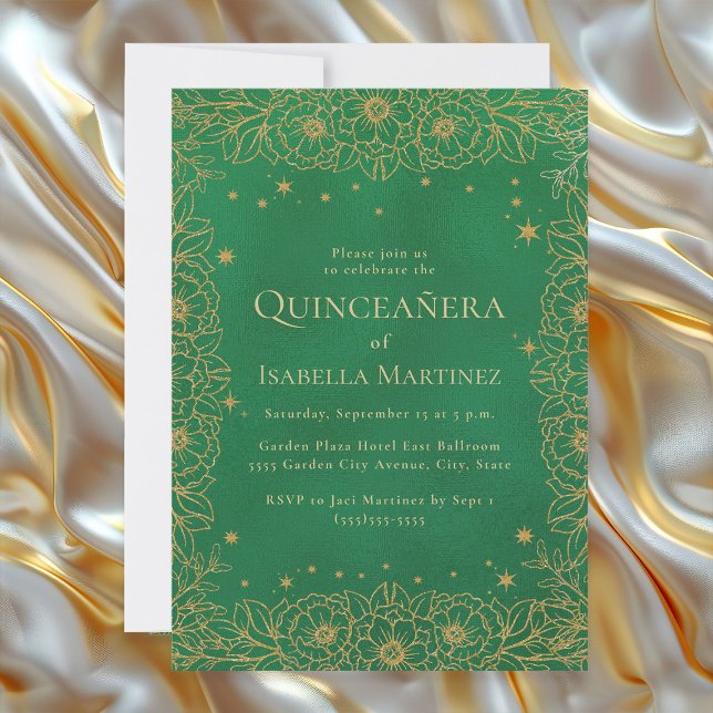 Emerald Green Gold Quinceañera Sweet 15 Invitation (Elegant emerald green and gold floral Quinceañera invitation)
