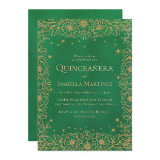 Emerald Green Gold Quinceañera Sweet 15 Invitation
