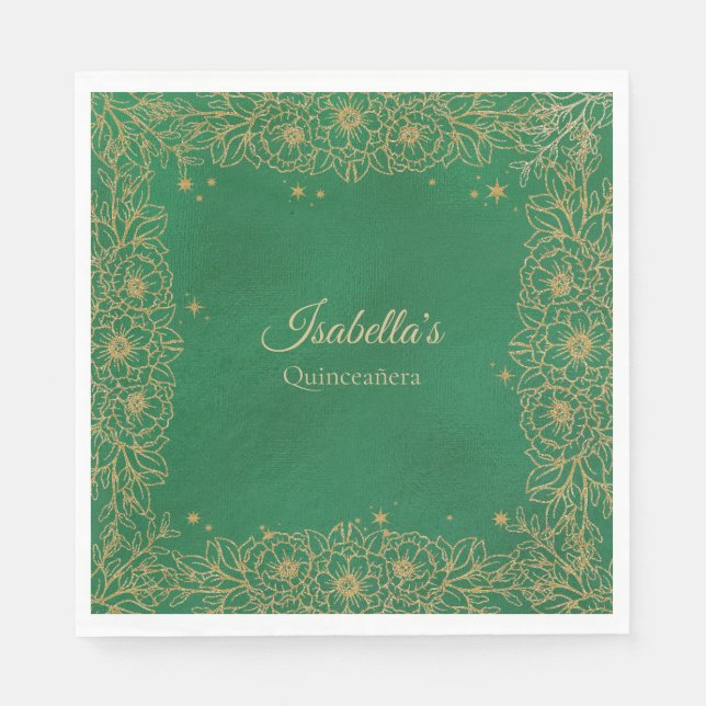 Emerald Green Gold Quinceañera Sweet 15 Luncheon Napkins (Front)