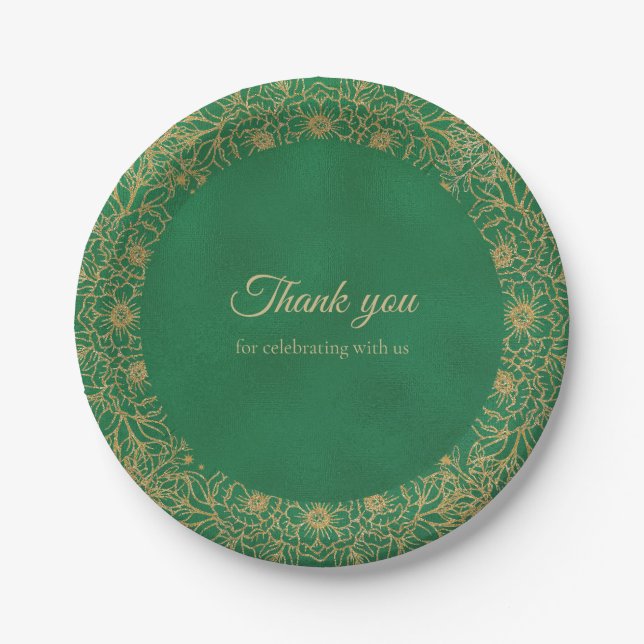 Emerald Green Gold Quinceañera Sweet 15 Paper Plates (Front)