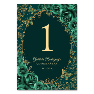 Emerald Green Gold Quinceanera Table Number