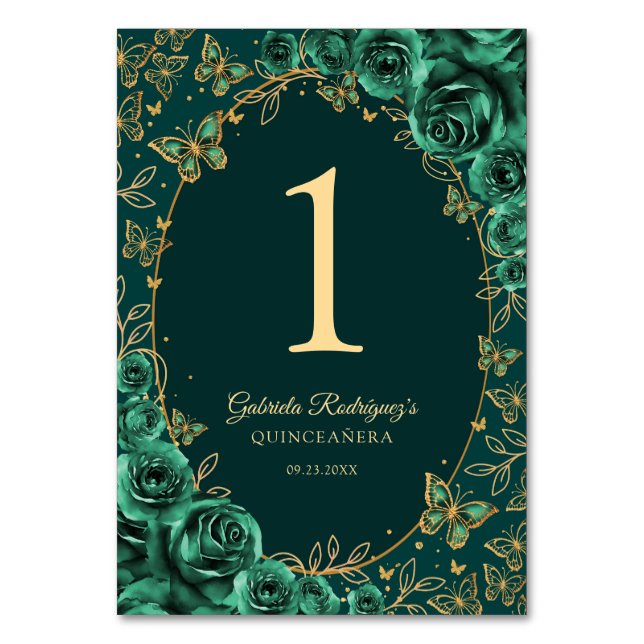 Emerald Green Gold Quinceanera Table Number (Front)
