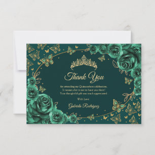 Emerald Green Gold Quinceanera Thank You Card