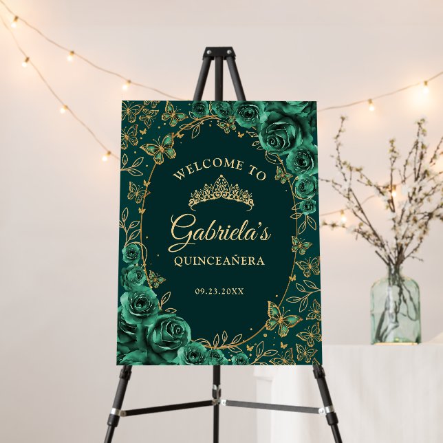 Emerald Green Gold Quinceanera Welcome Foam Board (In Situ (Stand))
