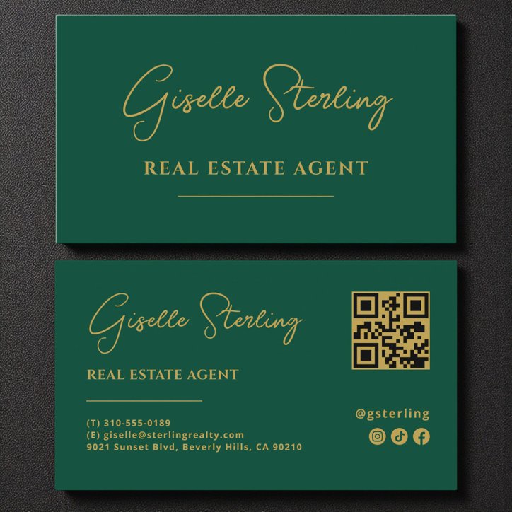 Emerald Green Gold Real Estate Agent QR Code Business Card