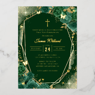 Emerald Green Gold Rose Boys First Communion Foil Invitation