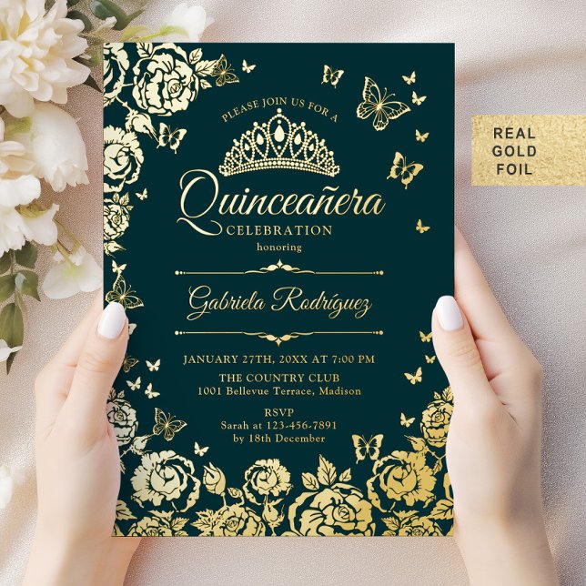 Emerald Green Gold Roses Butterflies Quinceanera Foil Invitation (Creator Uploaded)