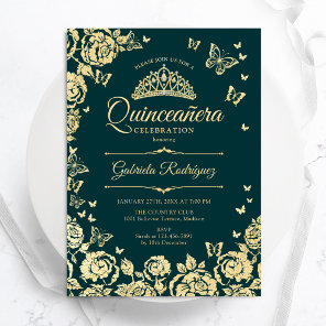 Emerald Green Gold Roses Butterflies Quinceanera Invitation