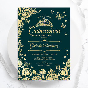Emerald Green Gold Roses Butterflies Quinceanera Invitation