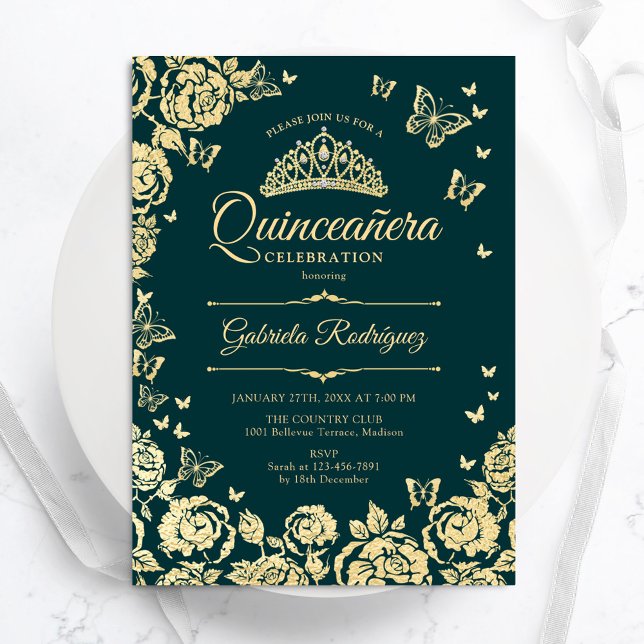 Emerald Green Gold Roses Butterflies Quinceanera Invitation (Creator Uploaded)